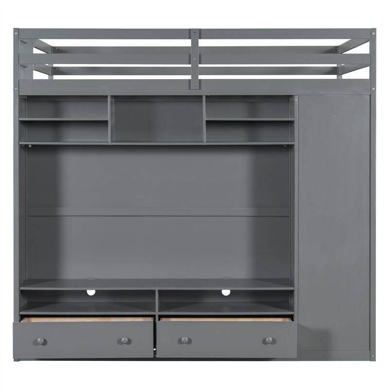 Full Size Loft Bed with LED Light, Wardrobe and 2 Storage Drawers, Solid Wood Loft Bedframe with Open Storage Shelves