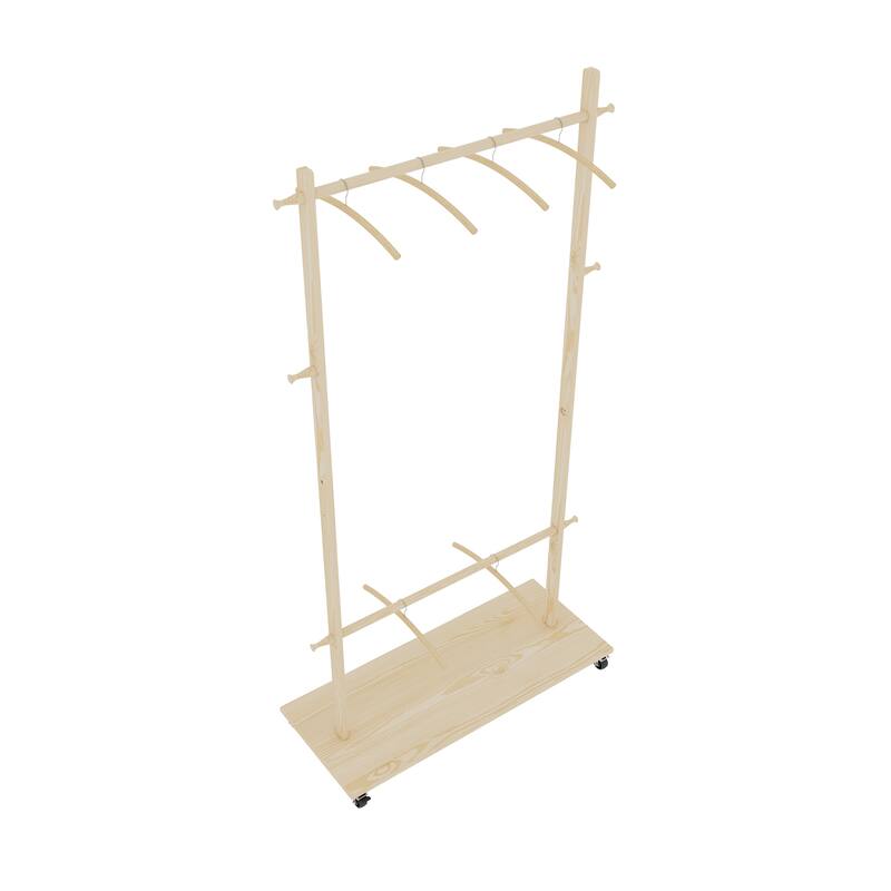 Modern Coat Rack Solid Wood Drying Rack with 6 Hangers, Adjustable Shelf and Wheels, for Living Room