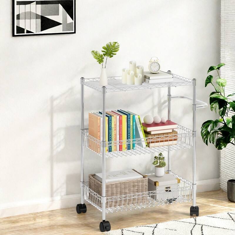 3 Tier Rolling Storage Cart, Adjustable Wire Storage Shelving Unit, Kitchen Organizer Cart Wire Rack On Wheels
