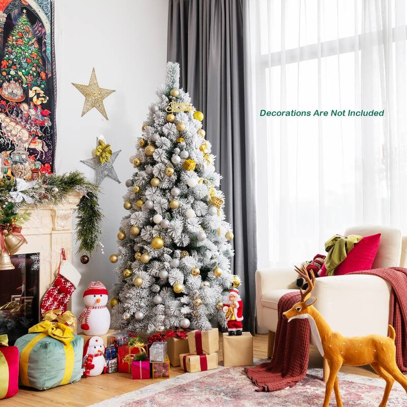 Costway 5ft/6ft/7ft Snow Flocked Hinged Artificial Slim Christmas Tree