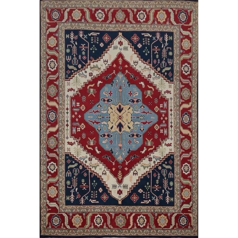 Hand Knotted Oriental 100% Wool Carpet Traditional Medallion Red Heriz (serapi) Area Rug - 9' 8'' X 7' 9''