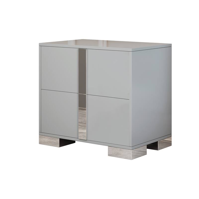 Elegant Gray Nightstand with Metal Foot, 2-Drawer Bedside Table for Bedroom or Living Room
