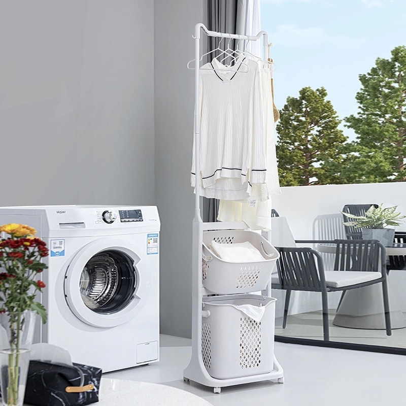 2 Tier Rolling Laundry Hamper with Hanging Bar and Removable Baskets