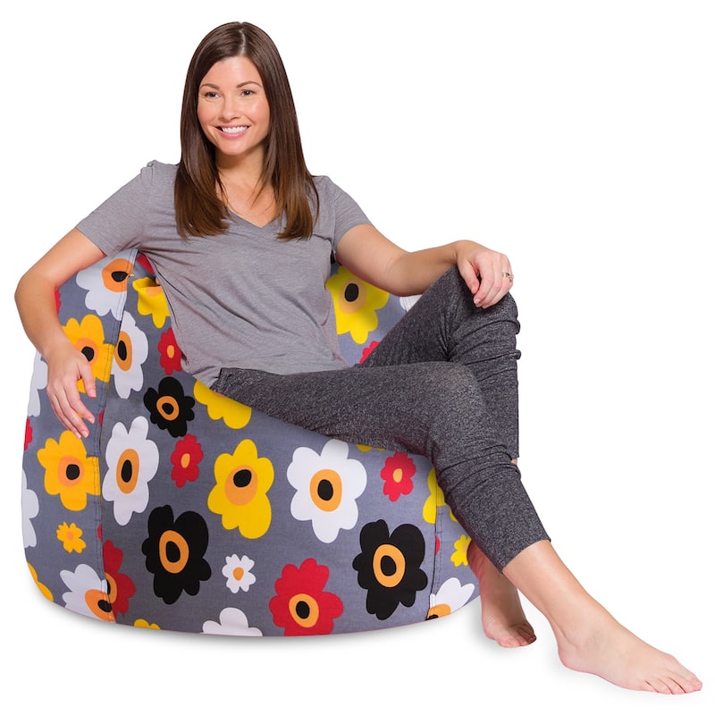 Kids Bean Bag Chair, Big Comfy Chair - Machine Washable Cover - 48 Inch Extra Large - Canvas Multi-colored Flowers on Gray
