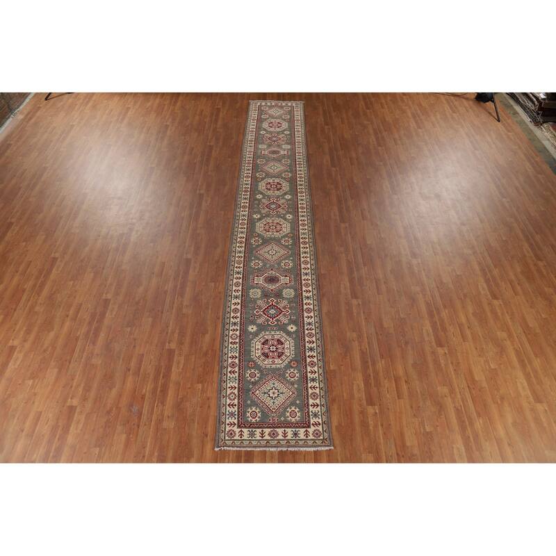 Gray Geometric Kazak Runner Rug Handmade Wool Carpet - 2'9" x 16'5"