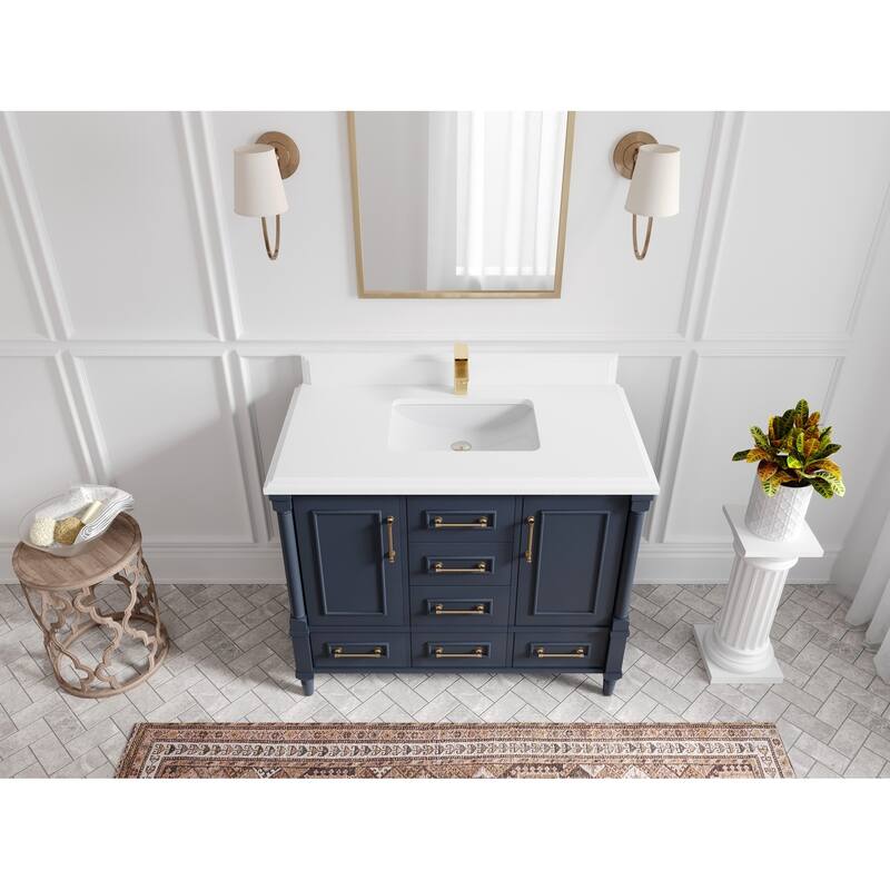 Willow Collections 42 in. W x 22 in. D Aberdeen Single Bowl Sink Bathroom Vanity with Countertop - 1.5" White Quartz - Hale Navy Blue