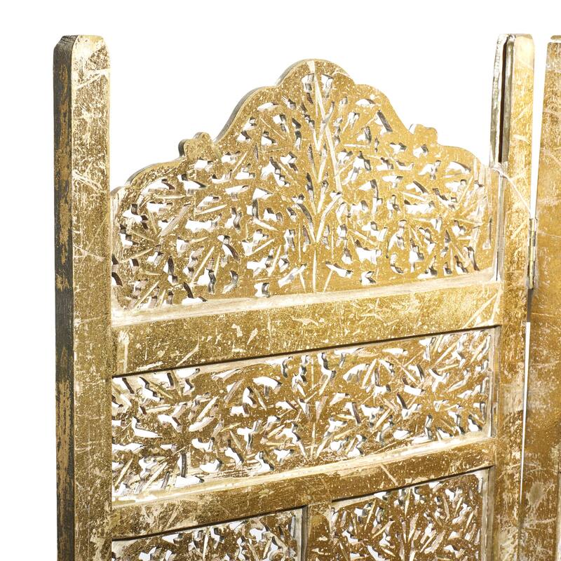 Gold Wooden Handmade Foldable Partition 4 Panel Floral Partition Room Divider Screen with Carved Designs