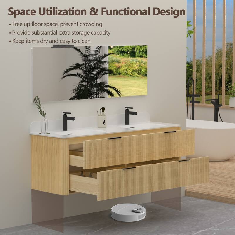 60" Floating Bathroom Vanity with Integrated countertop Rectangulare Sink Solid Wood