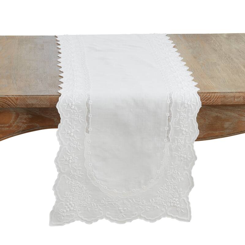 Embroidered Linen Blend Table Runner - Decorative Non-Reversible Table Runner for Dining Table - 16"x45" - White