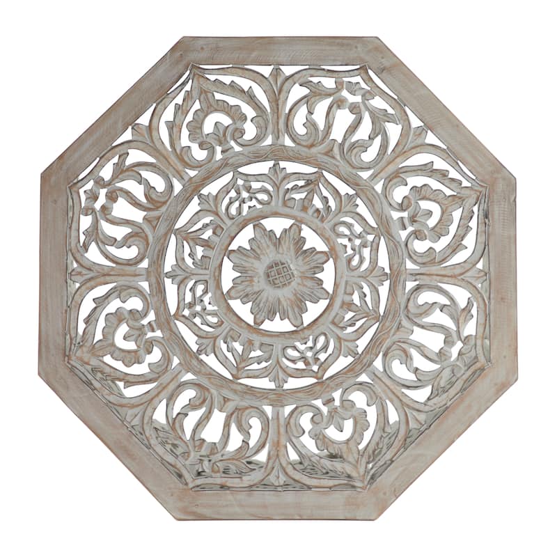 Wooden Floral Handmade Intricately Carved Coffee Table with Hollow Interior - Light Gray or Cream - Roche River Decor
