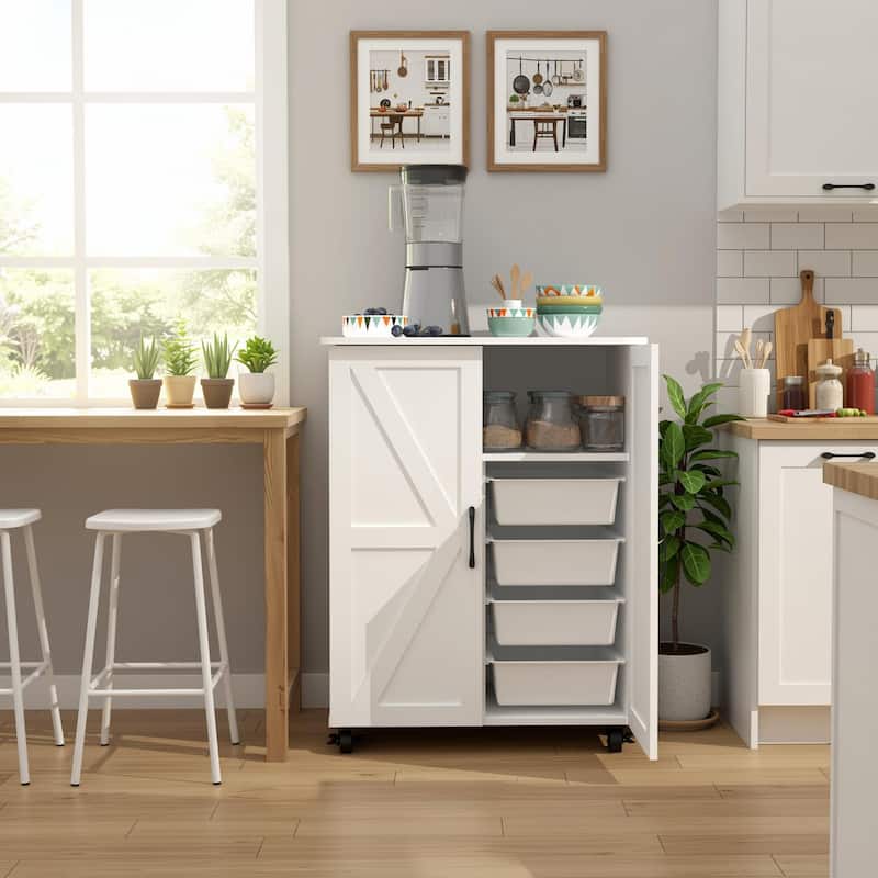 Homy Casa Kitchen Pantry Cabinet Barn Doors Wheels, White Storage