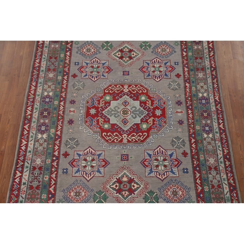 Geometric Kazak Area Rug Handmade Oriental Grey Wool Carpet - 5'6" x 7'9"