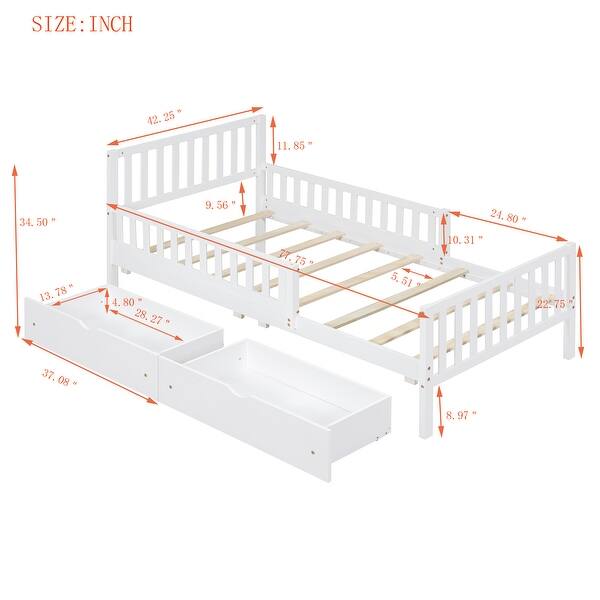dimension image slide 1 of 2, Twin Size Wood Platform Bed with Guardrails,2 Storage Drawers,Kids Bed Design