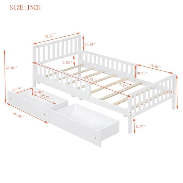dimension image slide 1 of 6, Wood Platform Bed with 2 Storage Drawers & Both Sides Guardrails, Storage Bed Frame for Bedroom, Guest Room