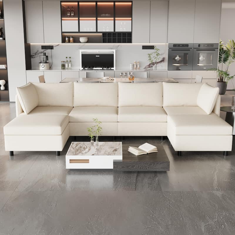 Beige 68" L-Shaped 6-Seater Modular Sofa with Storage