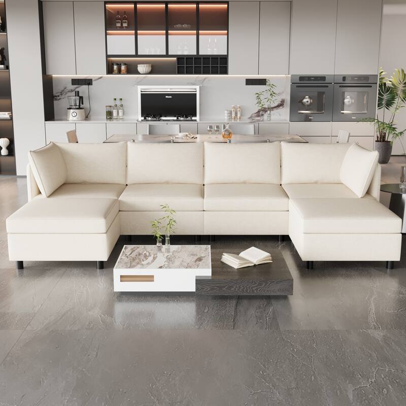Beige 68'' L-Shaped 6-Seat Modular Sectional Sofa with Storage, Convertible Ottoman, High-Density Foam, and Pocket Springs