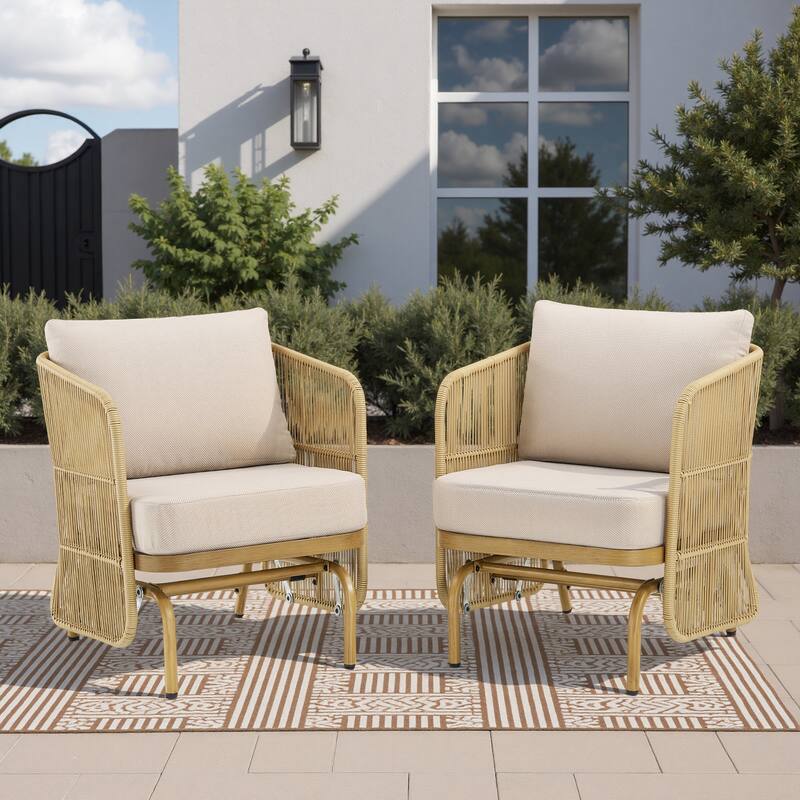 Pocassy Patio Sofa Glider Chair with Coffee Table - Yellow Wicker Beige Cushion - 2-Piece Patio Glider Chair with Thick Cushions