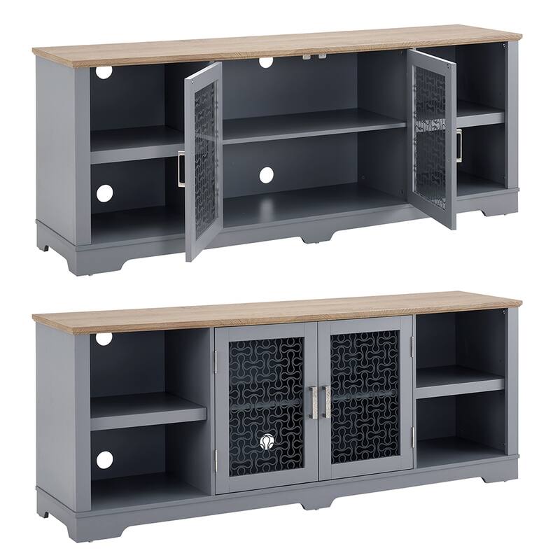 70"W Farmhouse TV Stand, Entertainment Center w/Shelves & Glass Door - 70''W*15.55''D*26.93''H