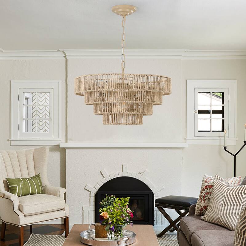 20" 4-Layer Woven Rattan Chandelier Boho Pendant Light(No Bulbs)