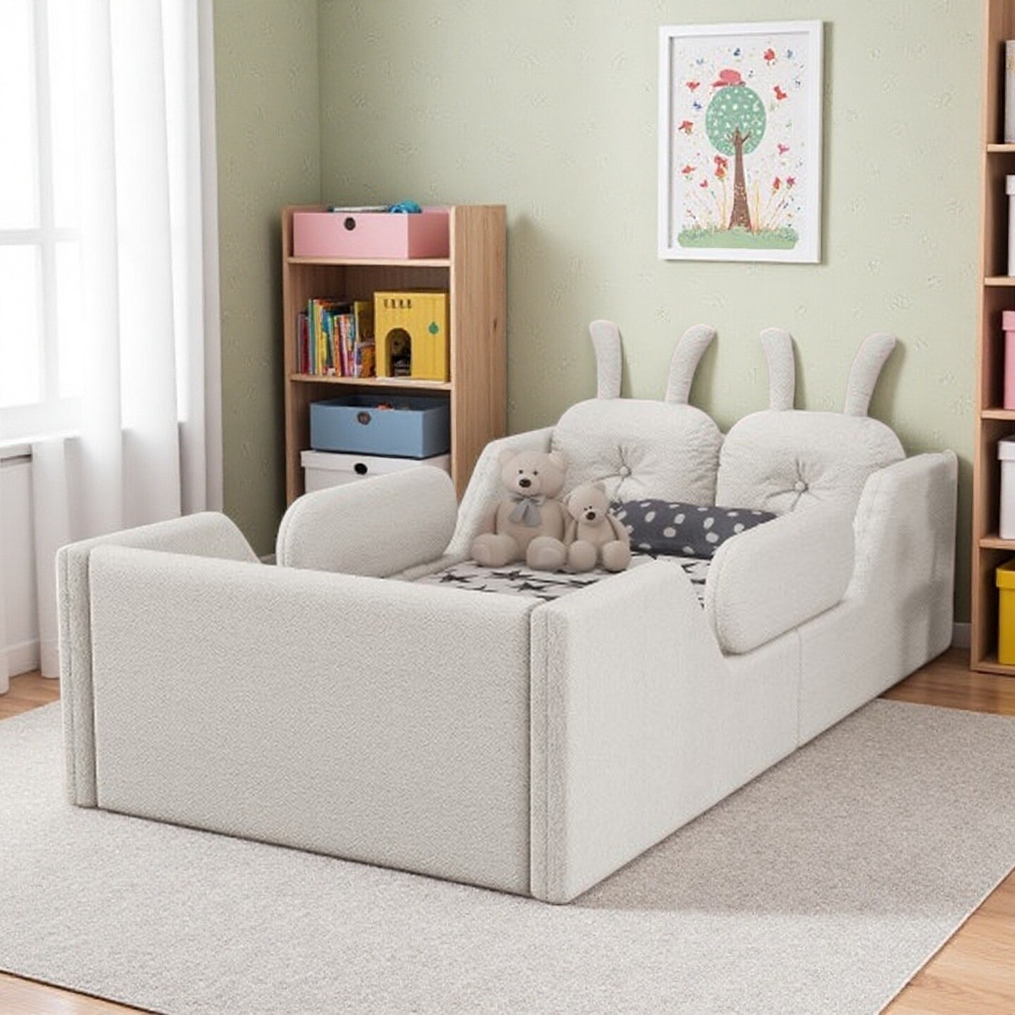Twin Kids Upholstered Platform Bed with Removable Safety Rails and Rabbit Cushions, Soft Teddy Fabric Floor Bed