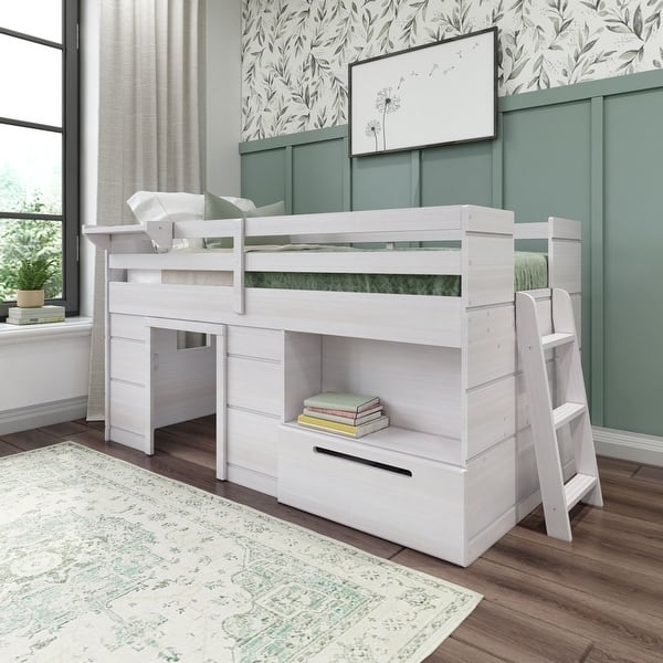 slide 2 of 11, Max and Lily Farmhouse Twin Loft Bed with 1 Drawer White Wash