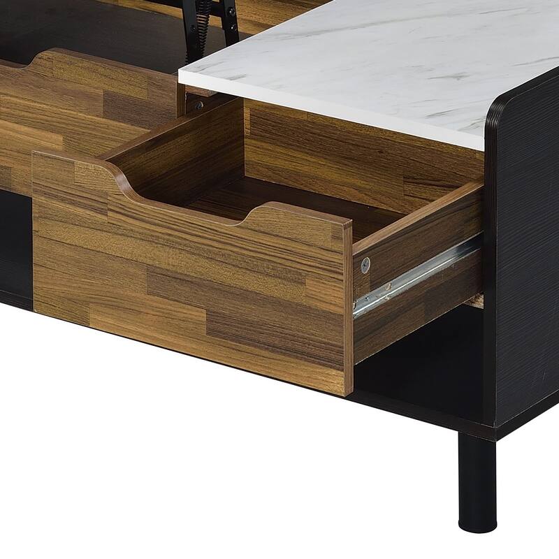 Rectangular Coffee Table With Printed Faux Marble Table Top, Walnut & Black Finish Coffee Table w/ Lift Top