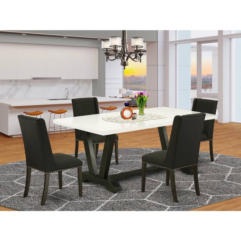 Modern 5-Piece Dining Room Set - Linen White Table & Black Chairs - 72