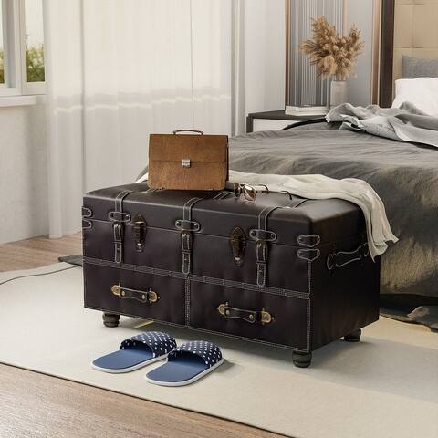 COZAYH Vintage Storage Ottoman Bench, Chest Cabinet with Latch Closure and Buckle for Bedroom Closet Home Organizer Decorative