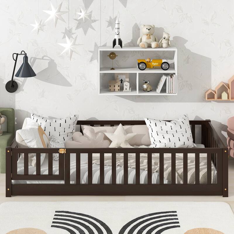 Twin Size Floor Bed with Fence and Door,Rubber Wood Floor Bed with Safety