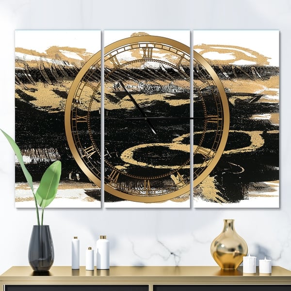 slide 2 of 6, Designart 'Gold and Black drift III' Glam 3 Panels Large Wall CLock - 36 in. wide x 28 in. high - 3 panels