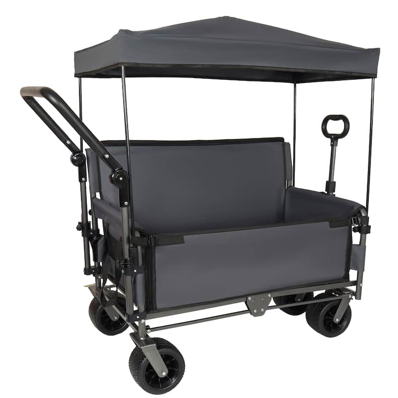 3-in-1 Folding Wagon Cart with Bench Seat & Canopy & Storage, 500lbs Heavy-Duty, 180L Capacity, All-Terrain Wagon - Grey