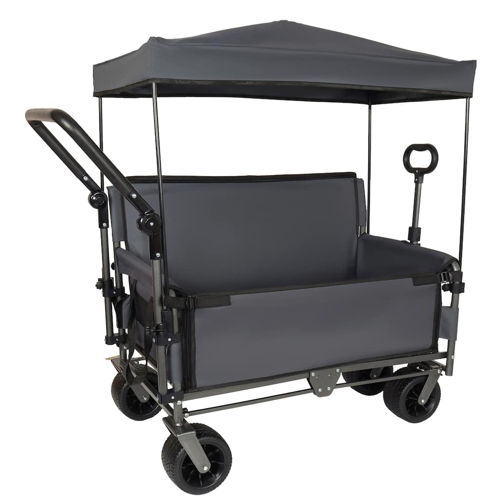 3-in-1 Folding Wagon Cart with Bench Seat & Canopy & Storage, 500lbs Heavy-Duty, 180L Capacity, All-Terrain Wagon