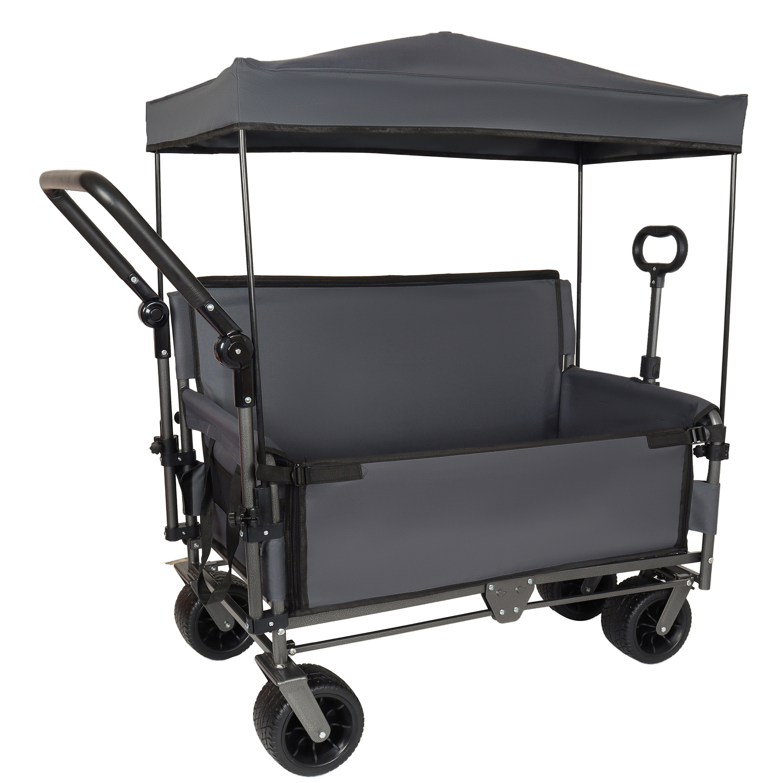 3-in-1 Folding Wagon Cart with Bench Seat & Canopy & Storage, 500lbs Heavy-Duty, 180L Capacity, All-Terrain Wagon