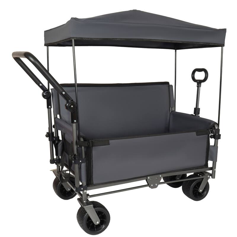 3-in-1 Folding Wagon with Bench Seat & Canopy - 500lb Heavy-Duty All-Terrain Cart, Gray