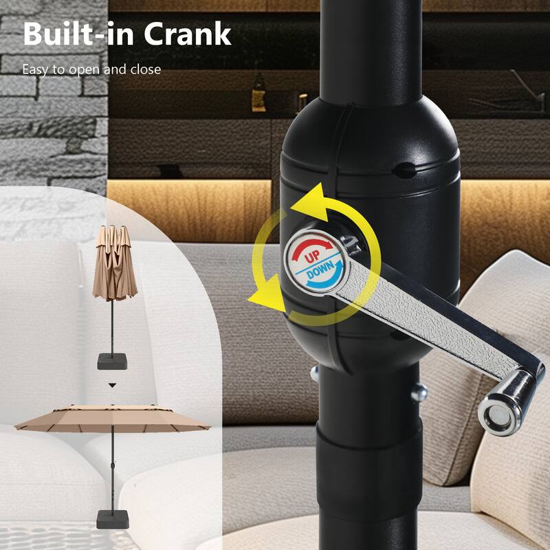 MAISON ARTS 15ft 2-Tier Large Patio Umbrella with Solar Lights, Double-Sided Outdoor Market Umbrellas with Base Included