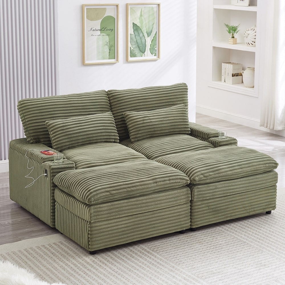Loveseat Sofa Free-combined Sectional Convertible Sofa Bed with Storage Space, Two Movable Ottomans, Four USB Ports