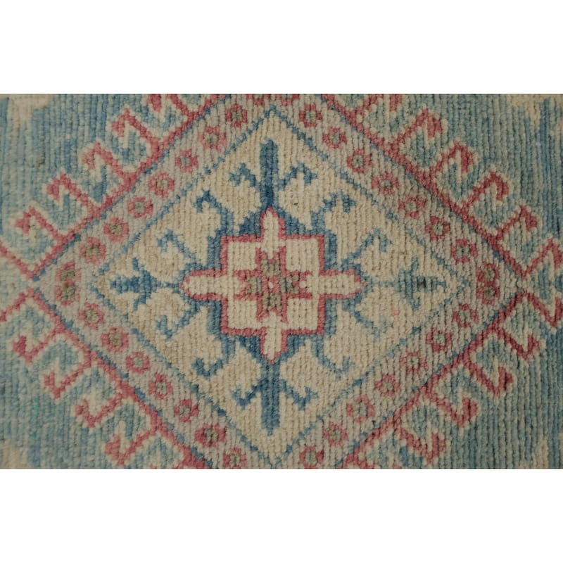 Hand Knotted Oriental 100% Wool Carpet Traditional Geometric Navy Blue & Blues Kazak Runner Rug - 13' 4'' X 2' 10''