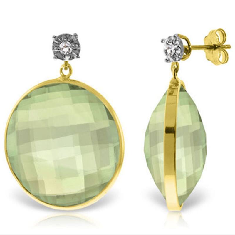 14K Solid Gold Diamonds Stud Earrings w/ Round Cut Green Amethysts - Yellow