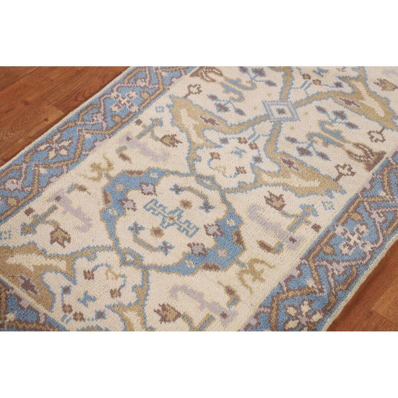 Ivory & Blue Oushak Indian Runner Rug Handmade Wool Carpet - 2'7"x 7'8"