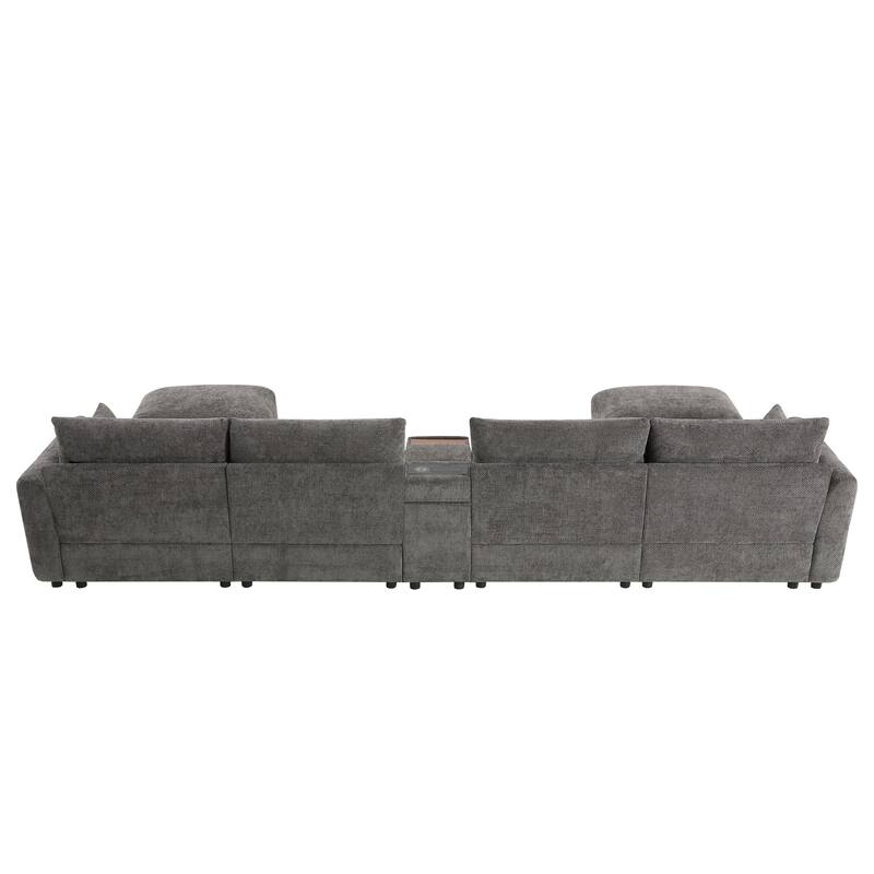 Oversized U Shaped Modular Sectional Sofa with 2 Storage Ottomans, Chenille 6 Seat Sofa with Console, Cup Holder & USB Charger