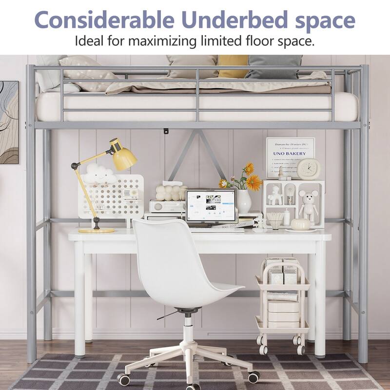 Twin Kids Loft Metal Bed with Reversible Stairs 400lb Capacity Space Saving Under Bed Study Play Area