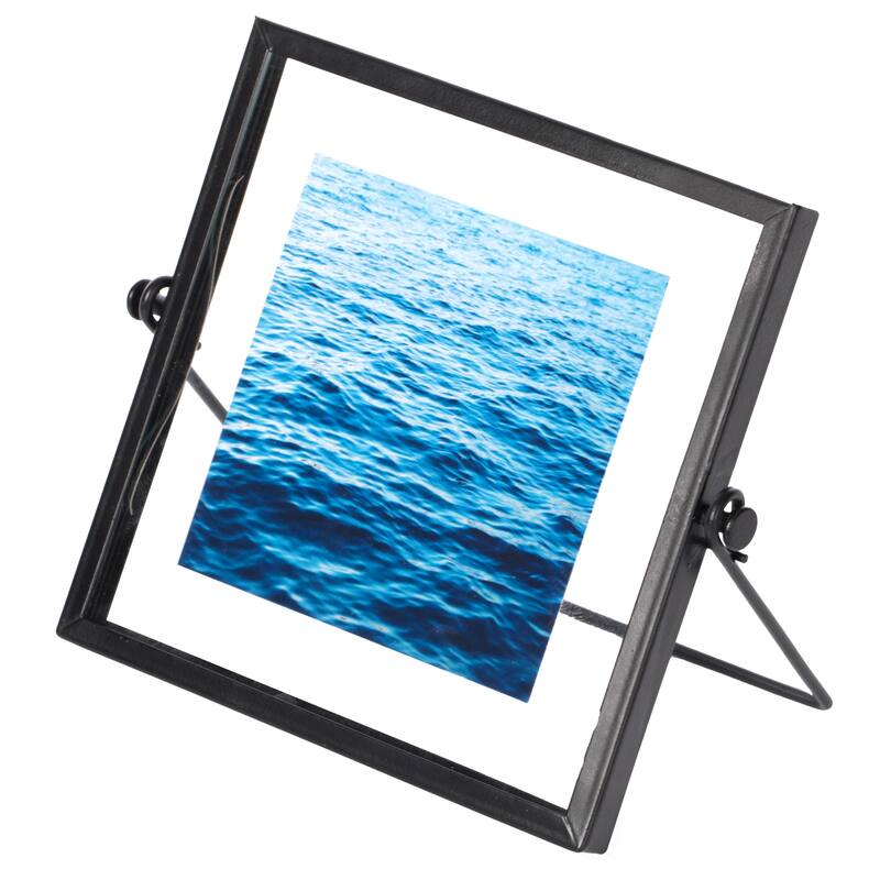 Modern Metal Floating Tabletop Photo Picture Frame with Glass Cover and Easel Stand - Small - Black
