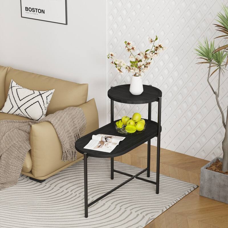 Round Coffee Table with Storage Tray 2 Tier Oval End Tables Wooden Small Side Table for Living Room