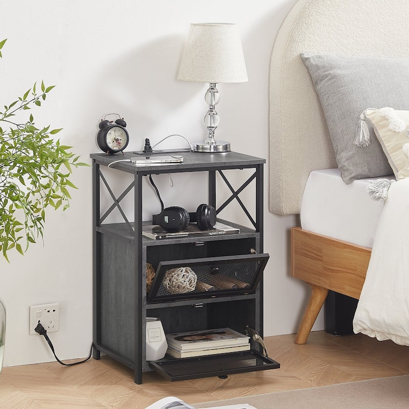 VECELO, Mid-century Modern Nightstand with Charging Station and USB Port