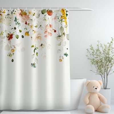 Floral Waterproof Fabric Shower Curtain with 12 Hooks 72x72 Inch
