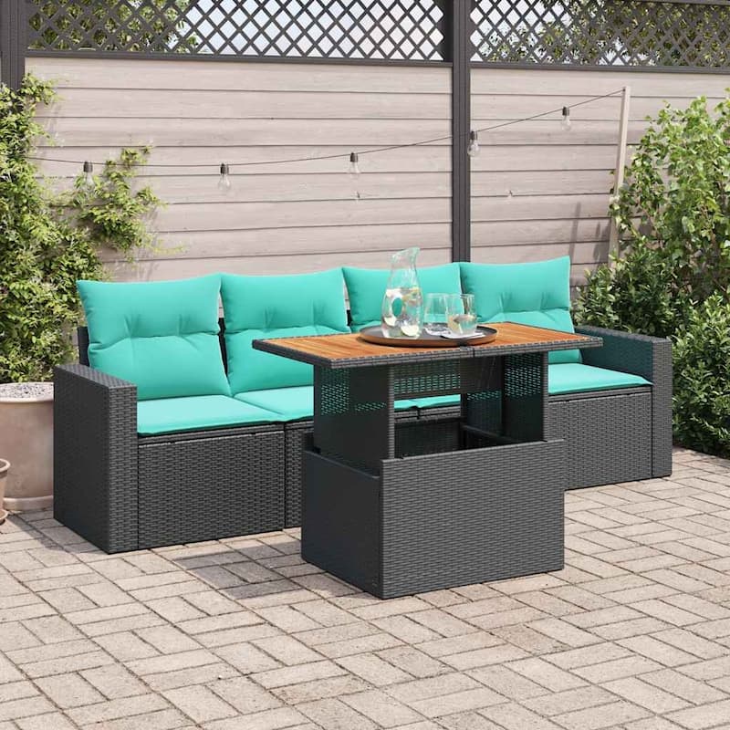 vidaXL Patio Sofa Set with Cushions Outdoor Furniture 5 Piece Poly Rattan - Black with storage - 21.7" x 24.4" x 27.2"