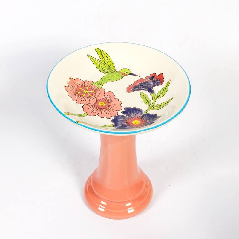 15 Inch Tall Porcelain Pedestal Birdbath - 13"x13"x15"