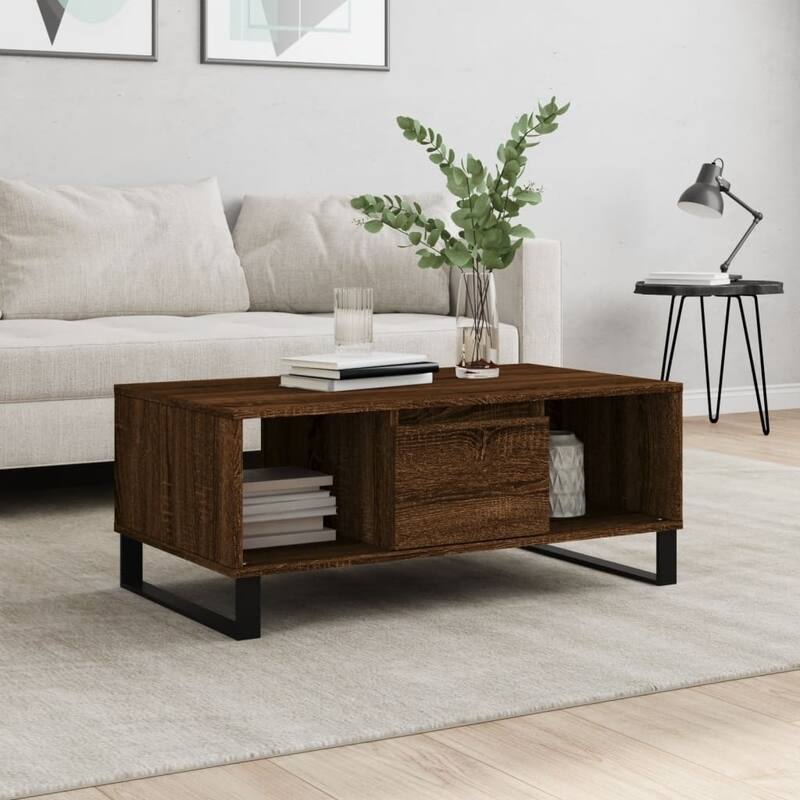 vidaXL Coffee Table White Engineered wood, metal Medium Coffee Table - 19.7 x 35.4 x 14.4 in - Brown oak
