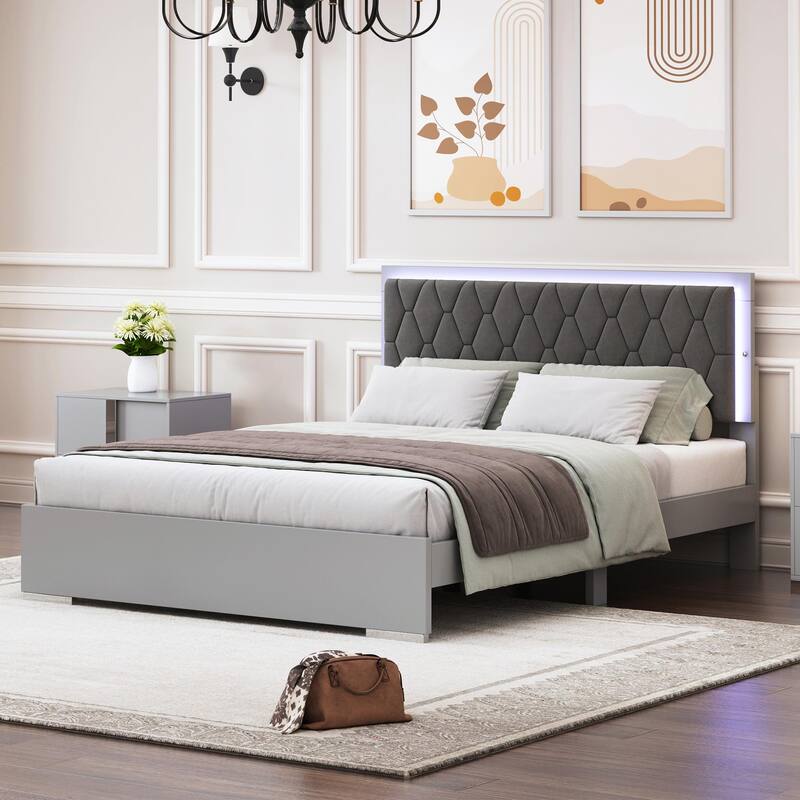 Queen Size Upholstered Bed with LED Lights, Modern Velvet Platform Bed