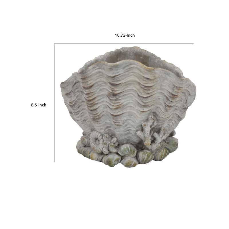 Coastal Clam Shell Planter w Coral Accents, Weathered Gray Terracotta